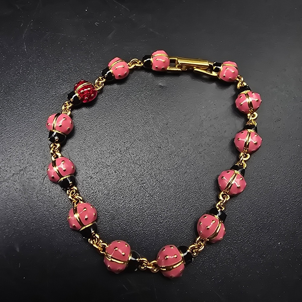 Joan Rivers Pink Lady Bug Bracelet Gold Tone Vintage Costume Jewelry